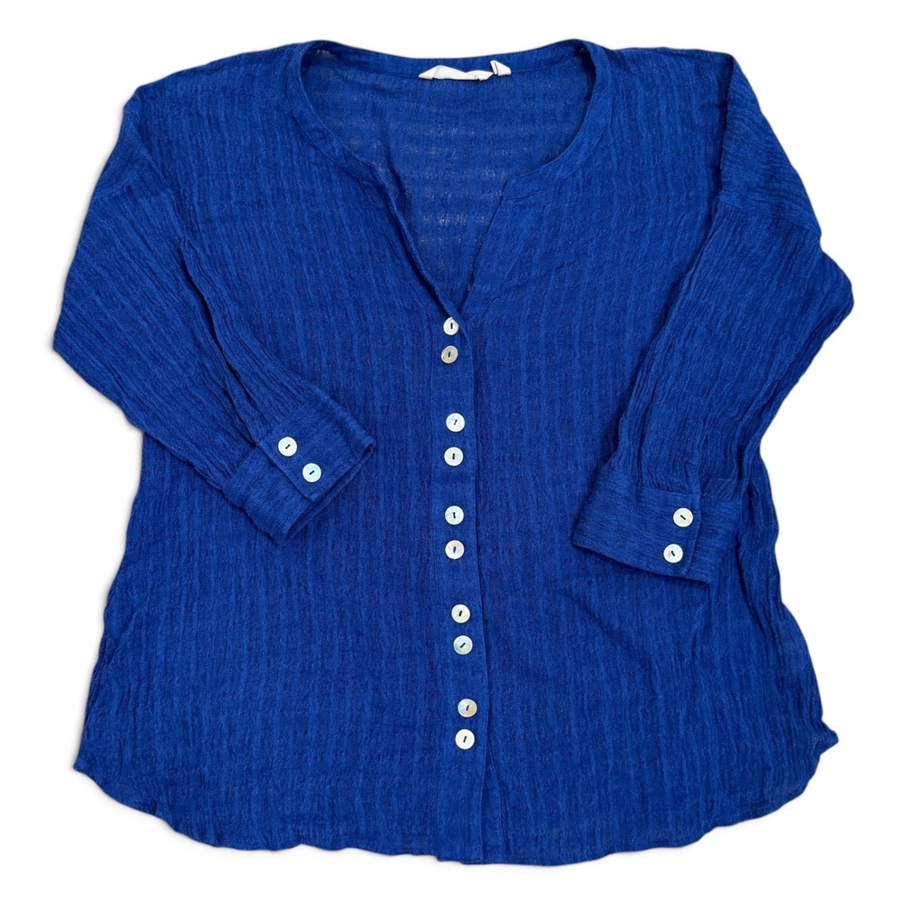 Soft Surroundings Royal Blue Crinkle Gauze Button Front Blouse Petite Medium PM